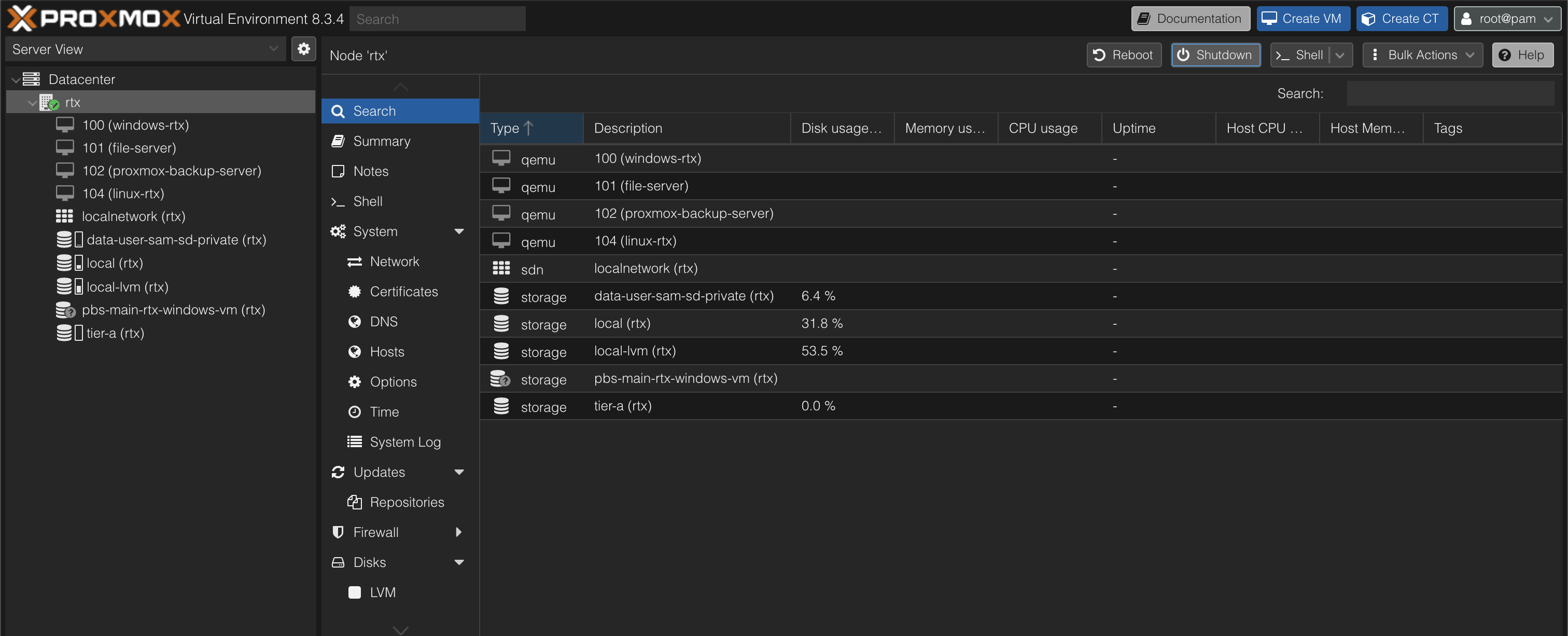 Screenshot of the high-performance PC's Proxmox