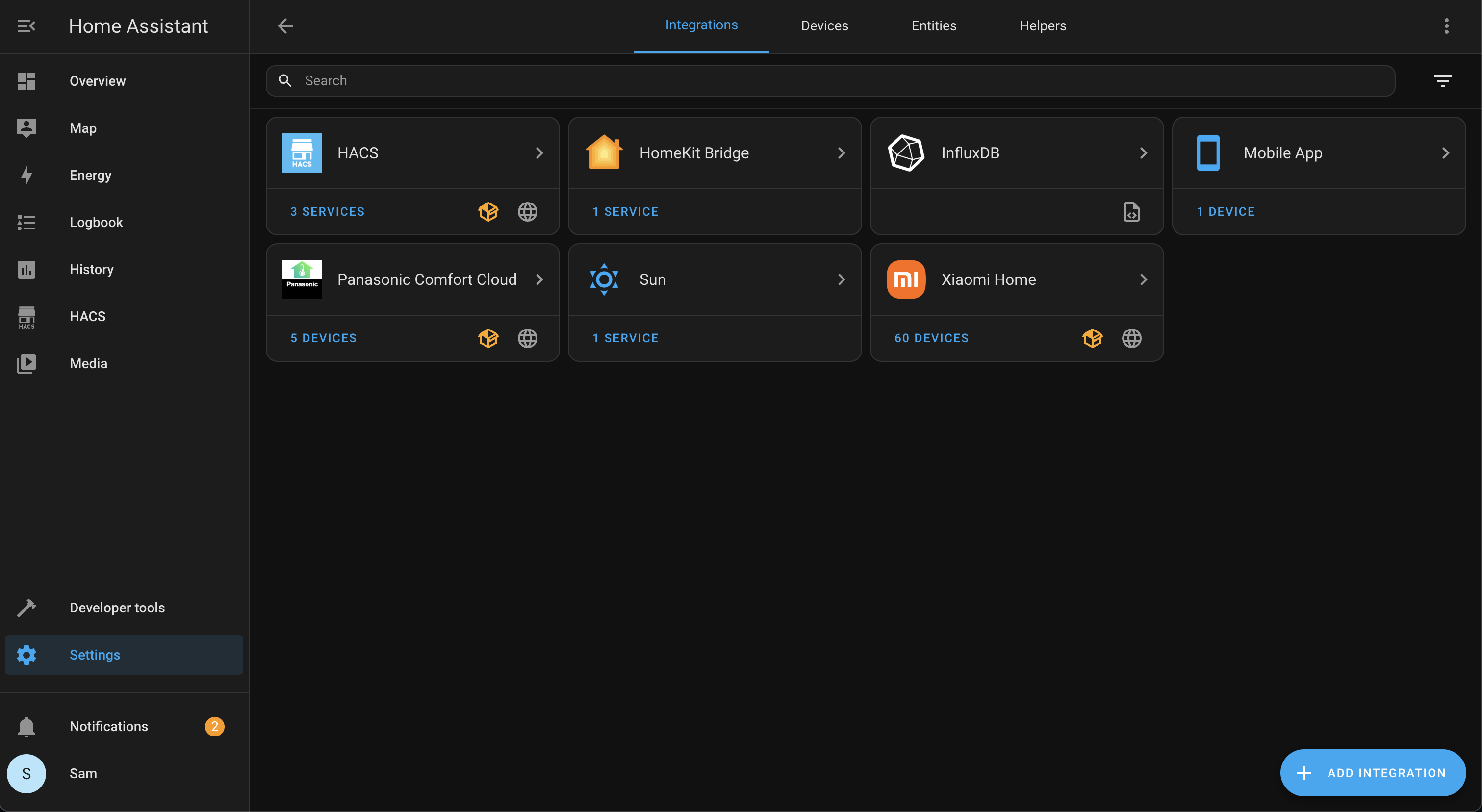 Screenshot of my Home Assistant integrations