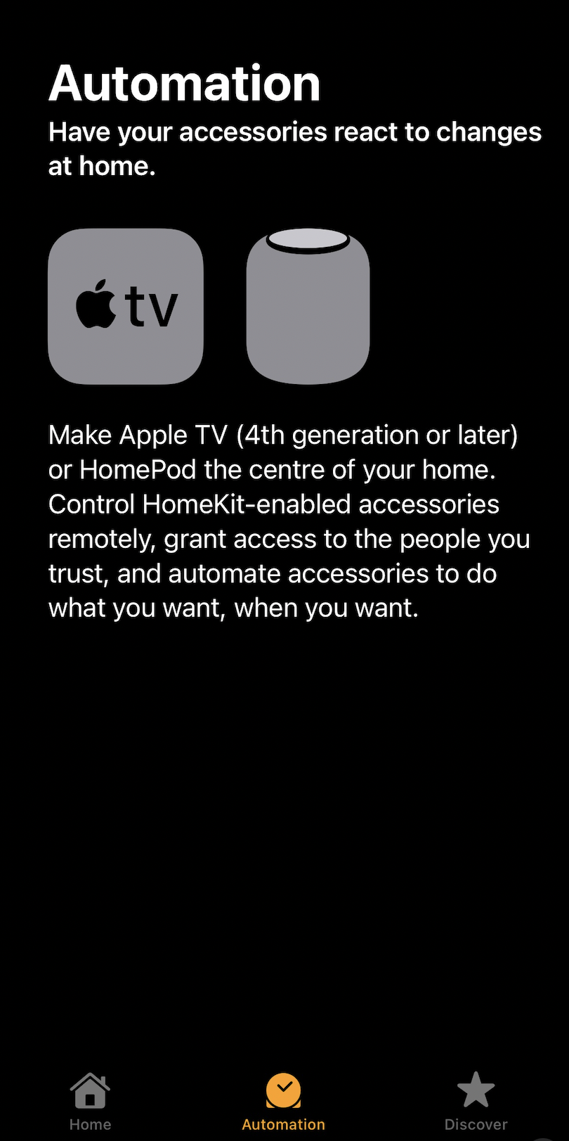 Screenshot of Apple's Home app notice that I need a Apple TV or HomePod to be able to share my home