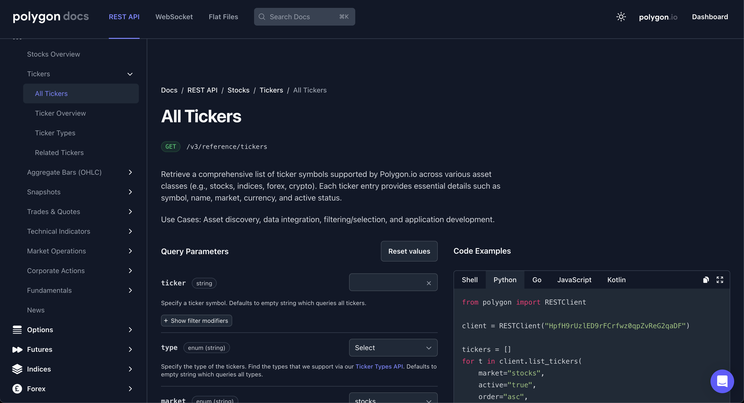 Screenshot of polygon.io's All-Tickers API