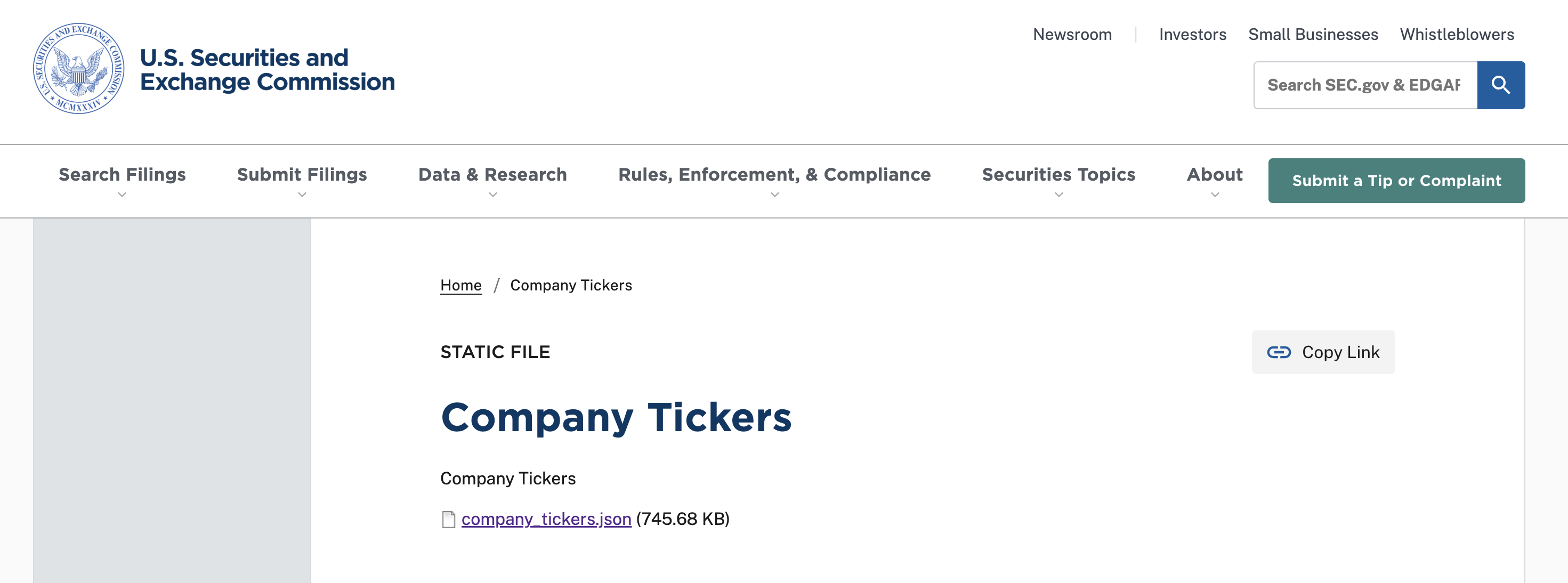 Screenshot of sec.gov/file/company-tickers